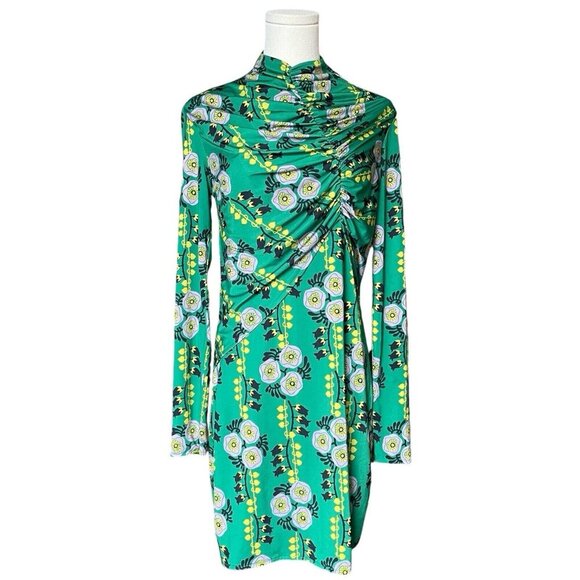 ZARA W/B Drape Ruched Mock Neck Midi Dress Sz S Green Floral 70s Retro Portugal - Picture 2 of 12